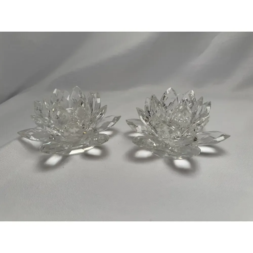 Vintage Shannon Crystal by Godinger Lotus Flower Taper Candle Holder-Set of 2